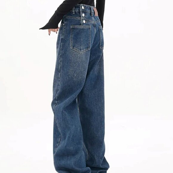 Three Button Baggy Wide Leg Boyfriend Jeans by Commense-Denim-XS-NWT - Picture 2 of 16